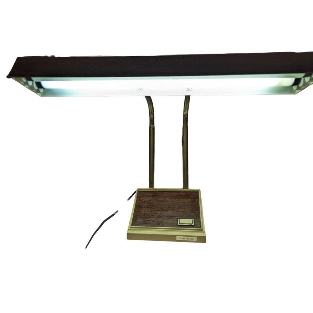 TENSOR Double Gooseneck Desk Lamp Brass Toned Vtg Mid Century Modern Wood Grain